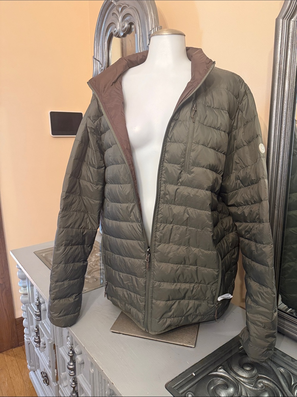 Liv XL Down Filled Reversible Lightweight Quilted Puffer Jacket Olive Green
